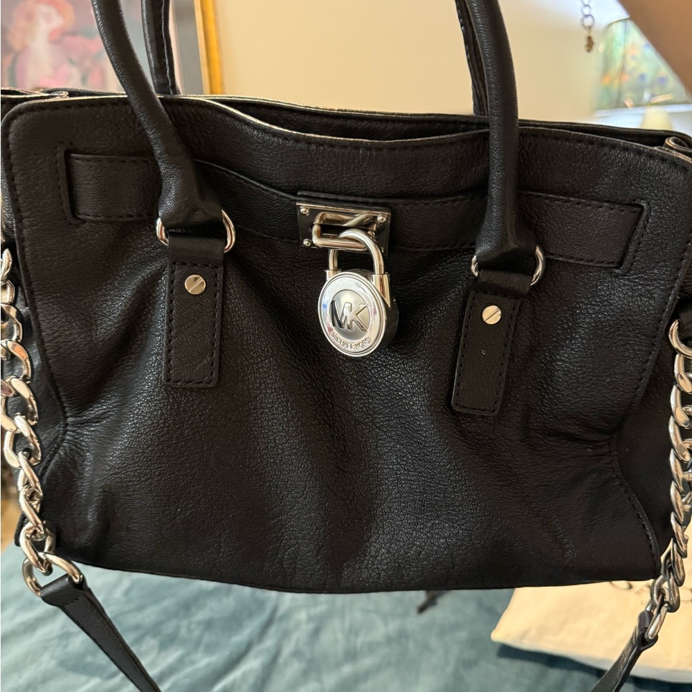 Michael Kors Hamilton Black Leather Satchel with Silver Accents